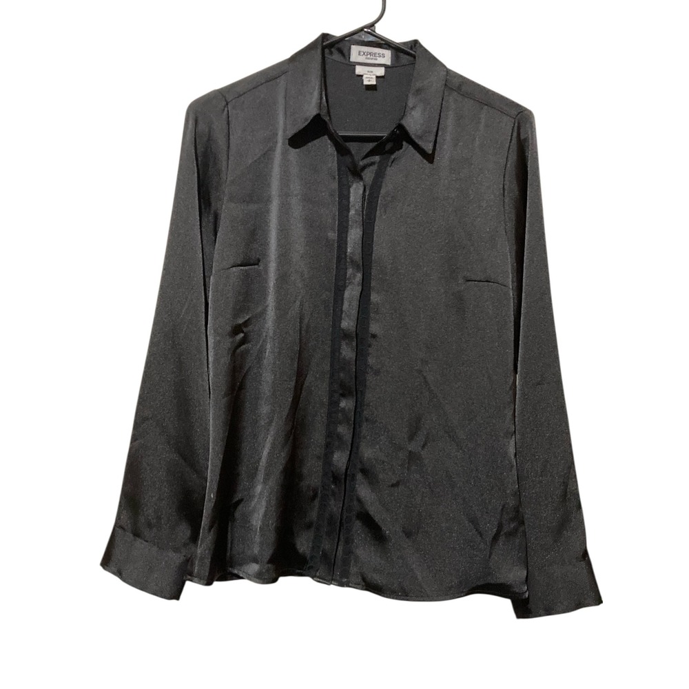 Express Portofino Slim Black Satin Lace Trim Button Up Blouse Shirt Small